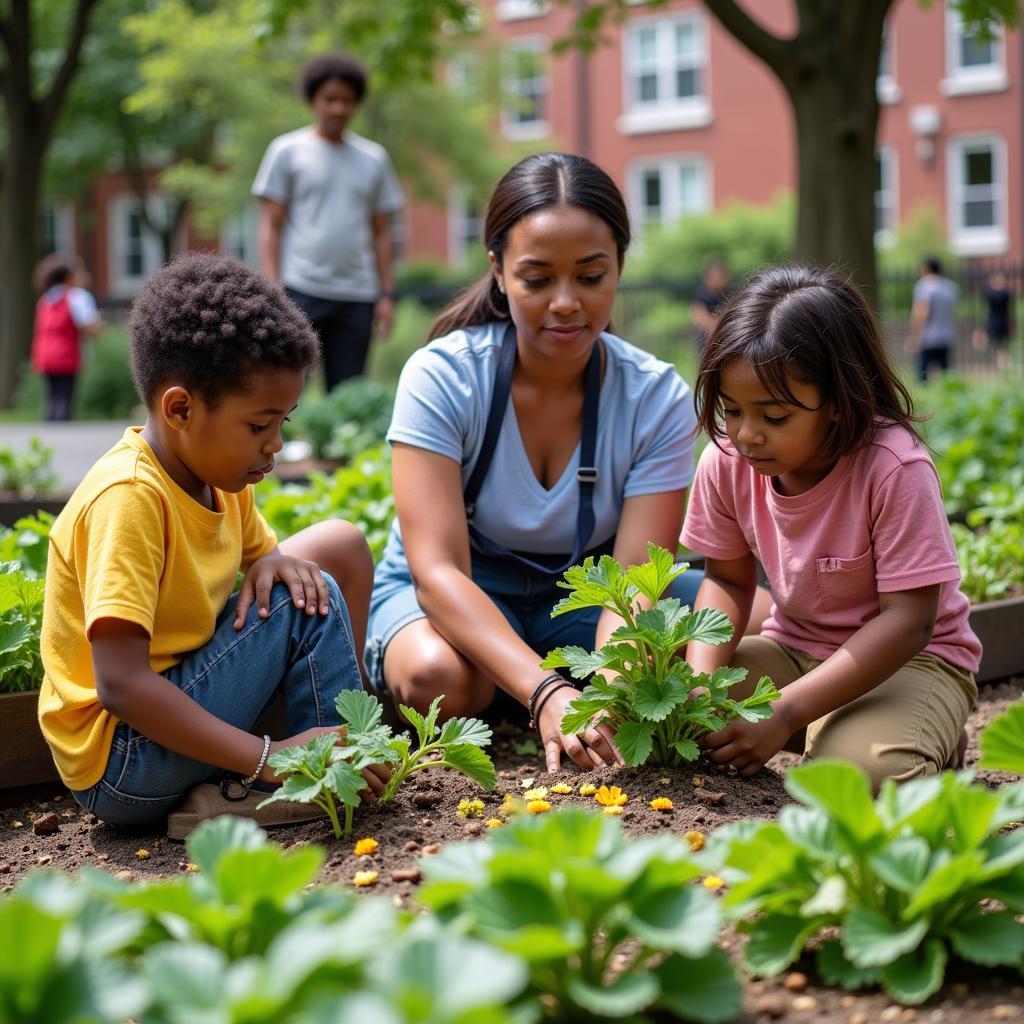 Children, parents, and teachers collaborating in a community garden in Brooklyn