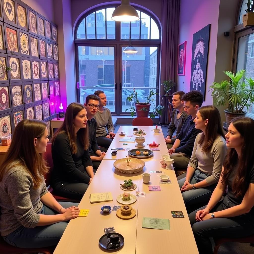 A diverse group of individuals engaged in a discussion, seated in a circle within a dimly lit, bohemian-style apartment in Brooklyn.