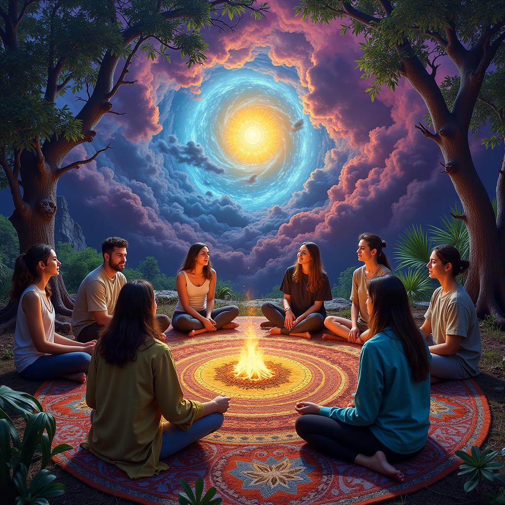 A group of people sit in a circle, sharing their personal experiences and insights related to psychedelic use in a supportive and non-judgmental environment.