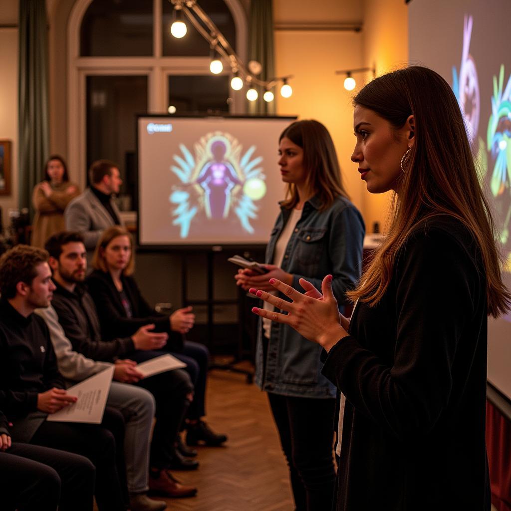 A woman stands on a stage, speaking passionately to a captivated audience about the history and therapeutic potential of psychedelics.