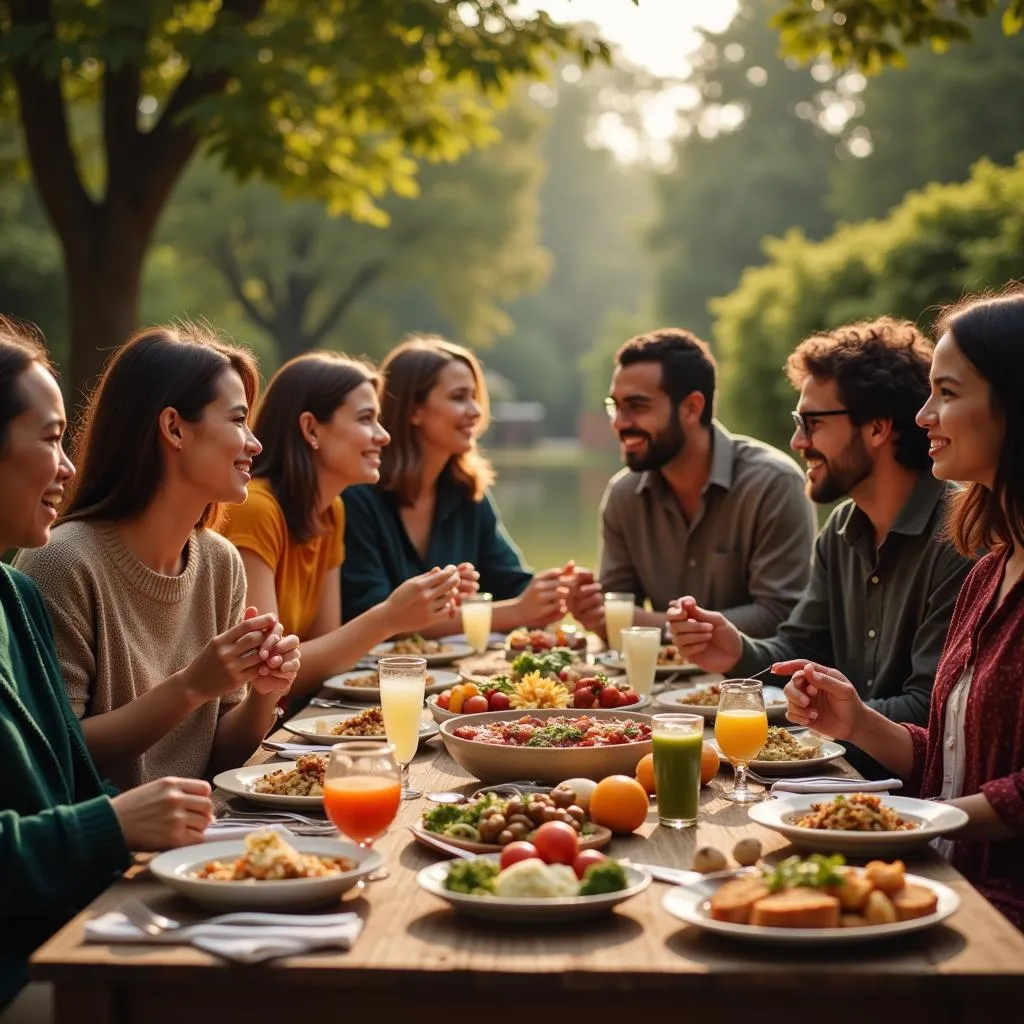 People from different backgrounds engaging in conversation and sharing a meal