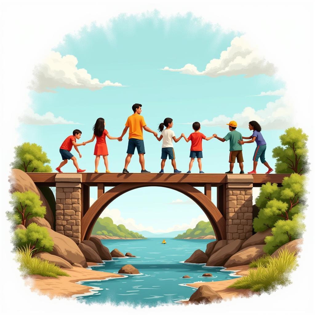 Diverse members of a community coming together to build a bridge