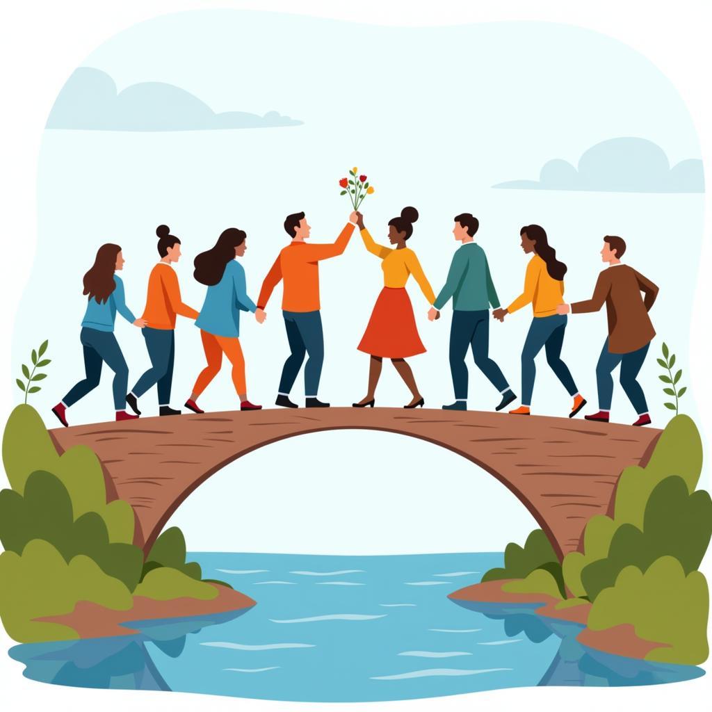 People joining hands to build a bridge