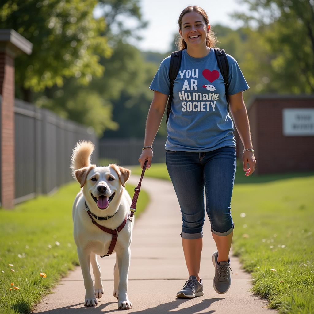 Volunteer walking a dog at the Cabot AR Humane Society