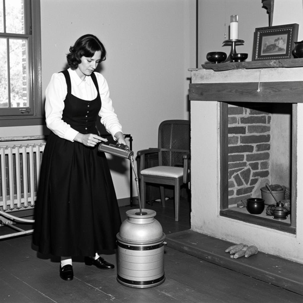 Black and white photograph of a woman in period dress with a butter churn