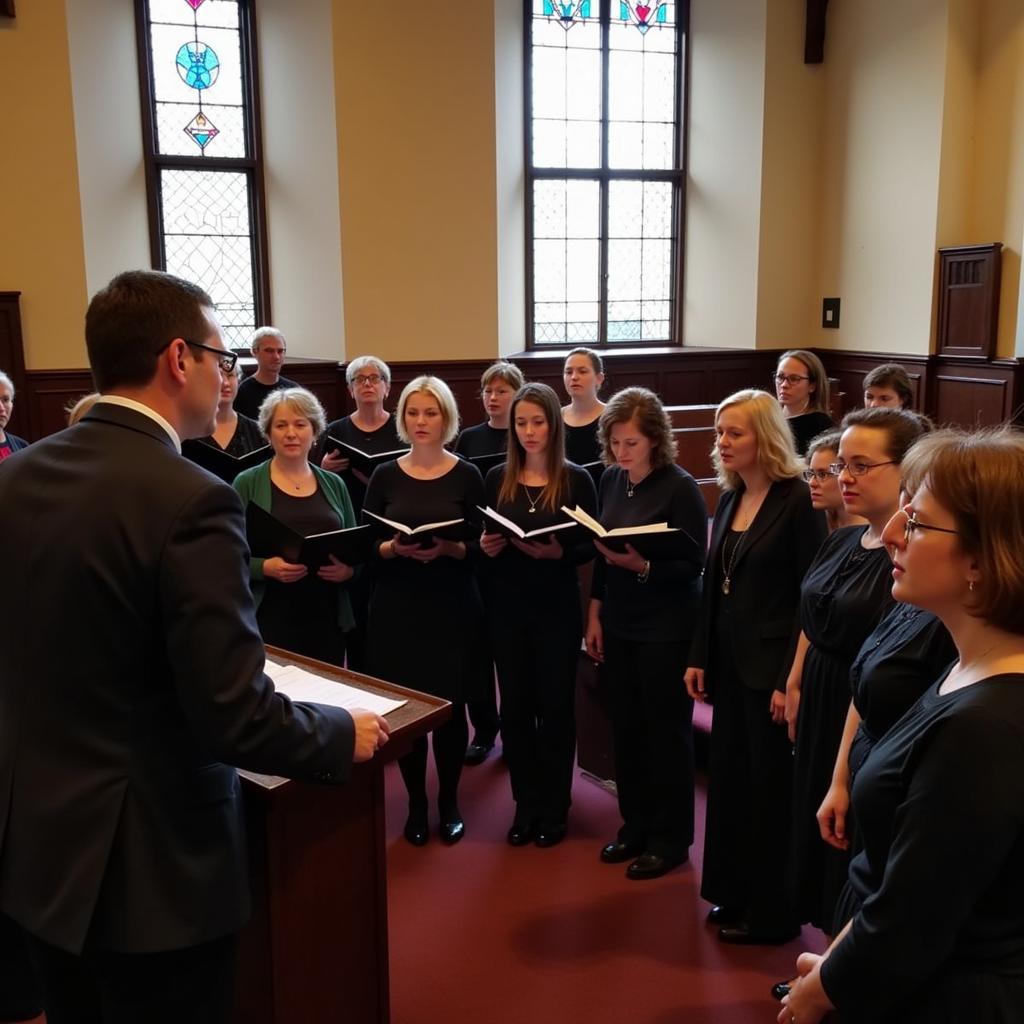 Members of the Canterbury Choral Society rehearsing in a church