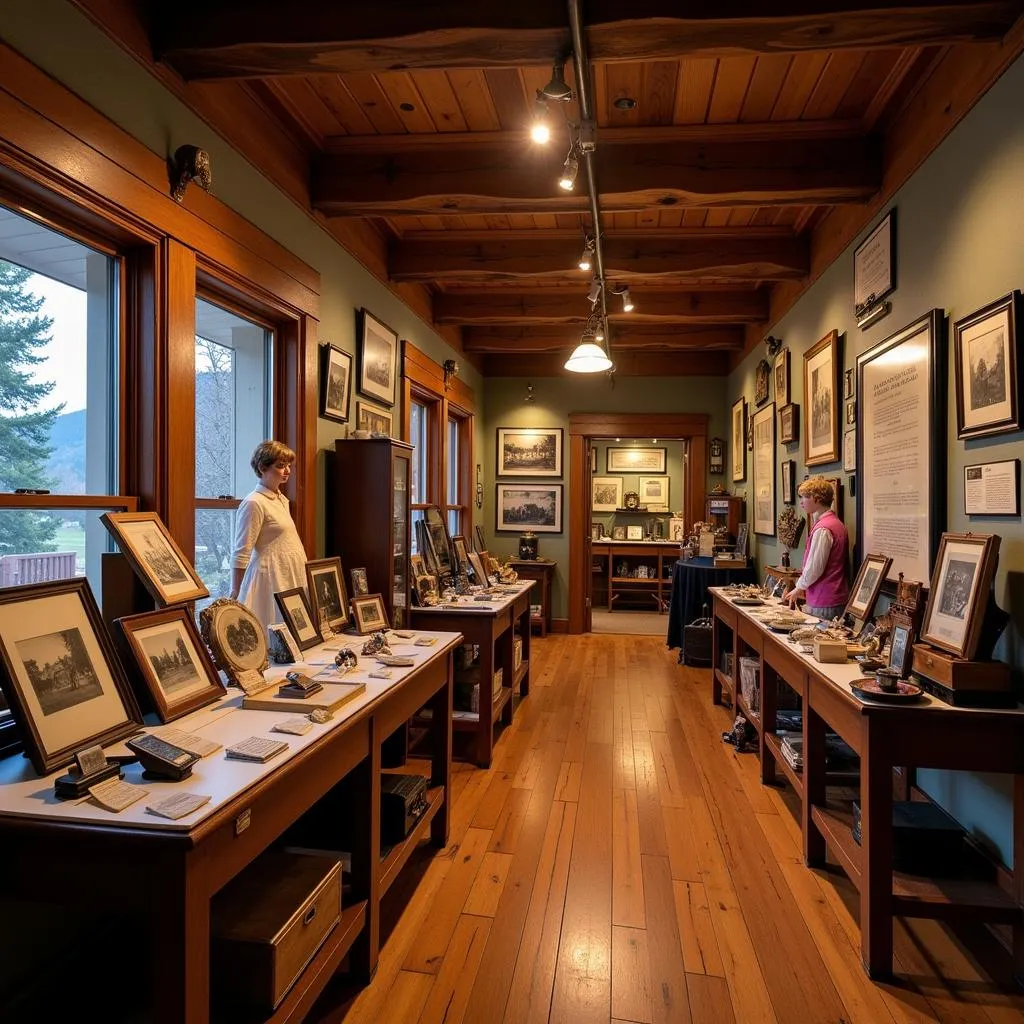 Interior view of a Cashiers Historical Society exhibit with historical artifacts