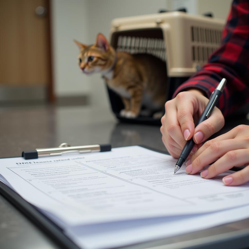 Cat adoption paperwork being signed