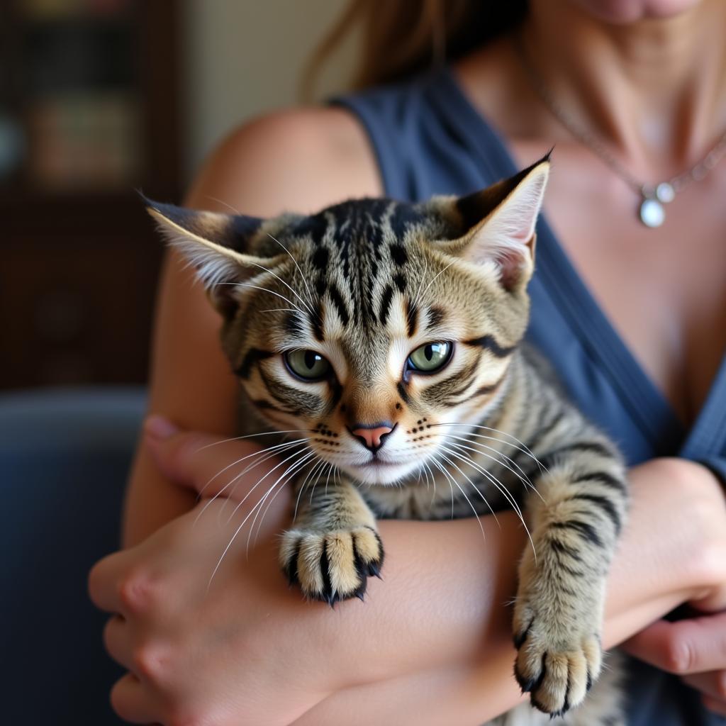 Rescued cat finds comfort in the arms of a volunteer