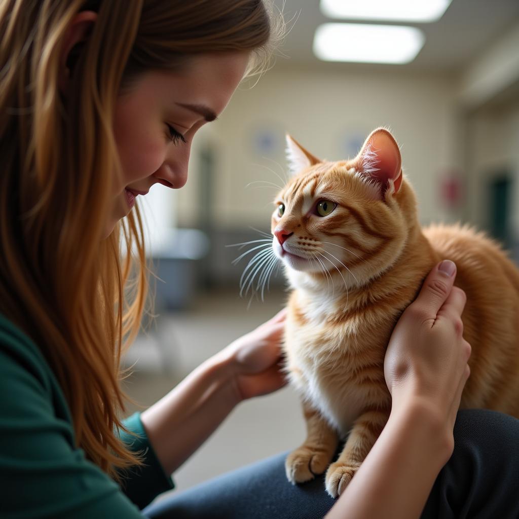 Volunteer enjoys a cuddle with a cat at the Catawba County Humane Society