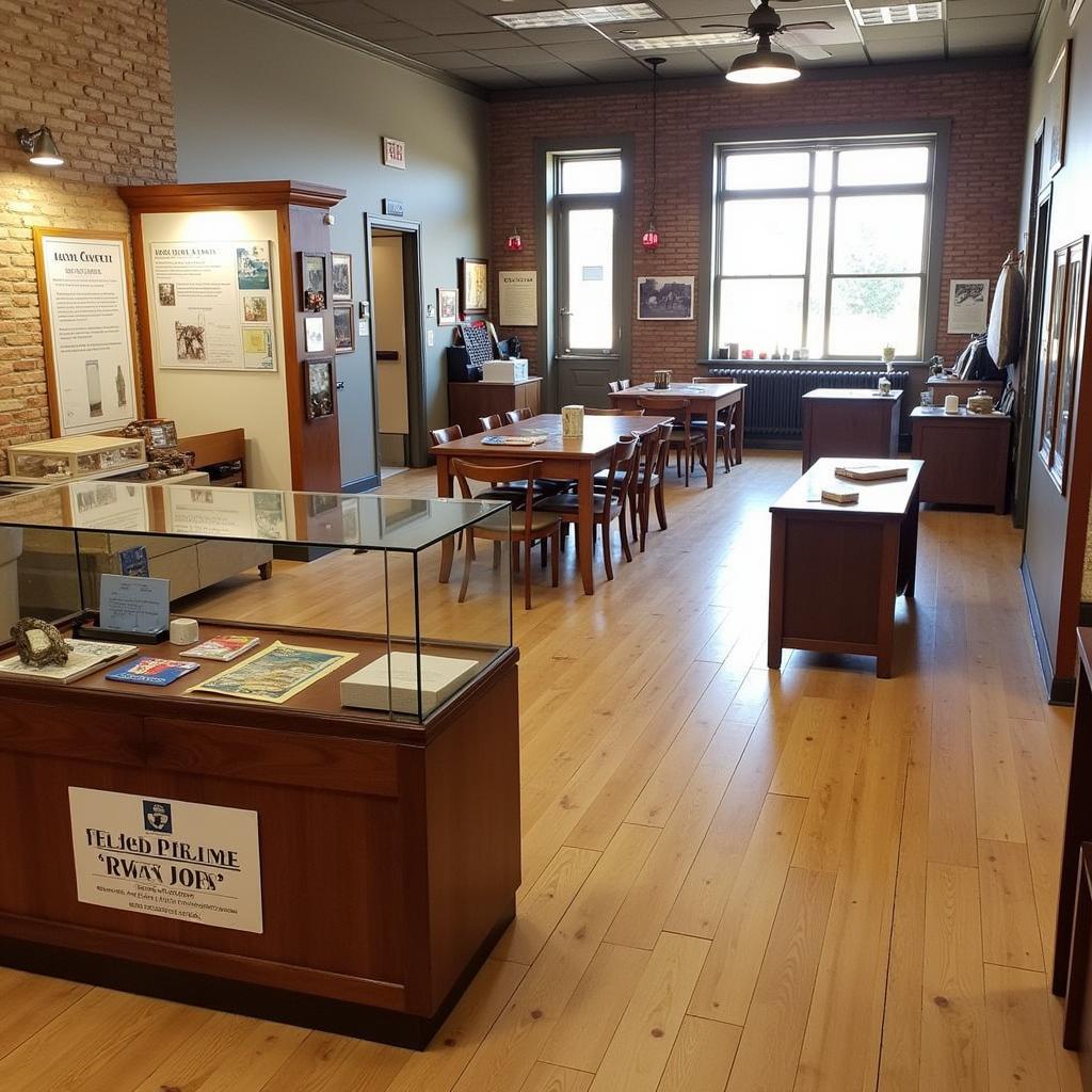 A group of visitors exploring an exhibit at the Cedar County Iowa Historical Society