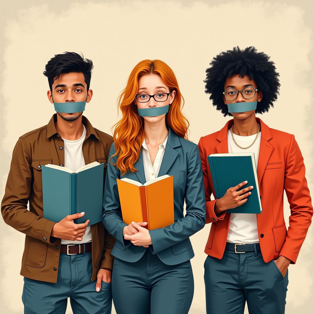 People holding books with mouths covered in tape.