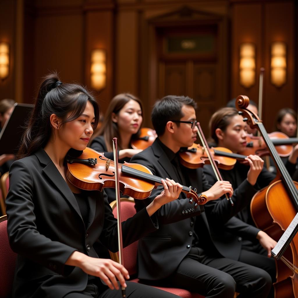 Musicians performing chamber music in a concert hall setting