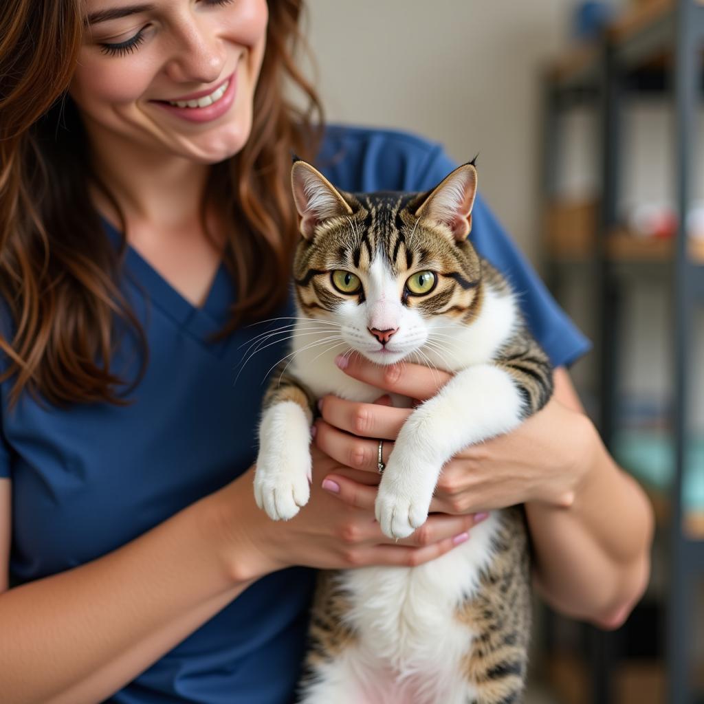 Cat cuddled in a volunteer's arms at the Chattahoochee Humane Society