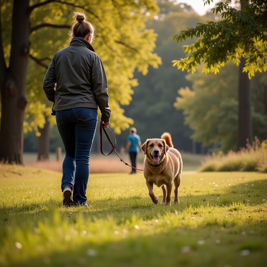 Volunteer walking a dog from the Chattahoochee Humane Society