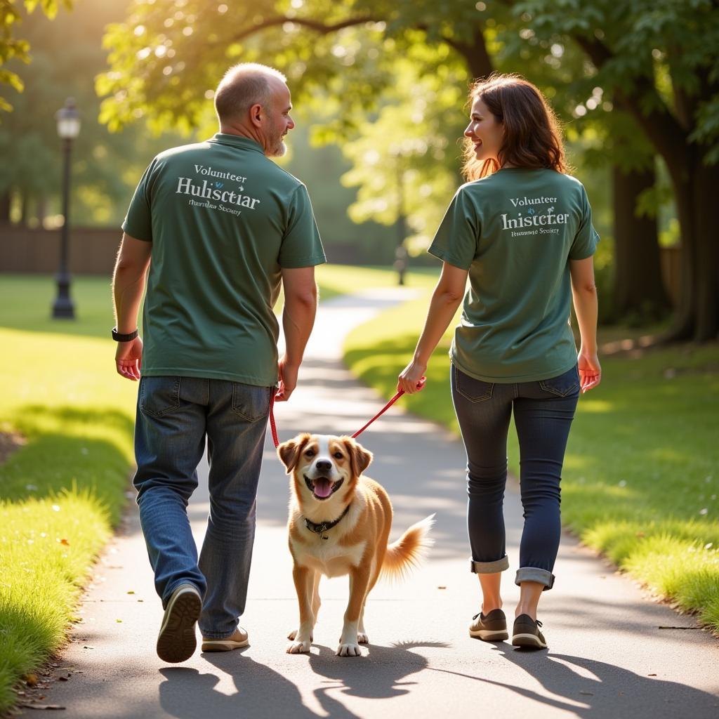 Volunteer walking a dog from the Chattahoochee Humane Society