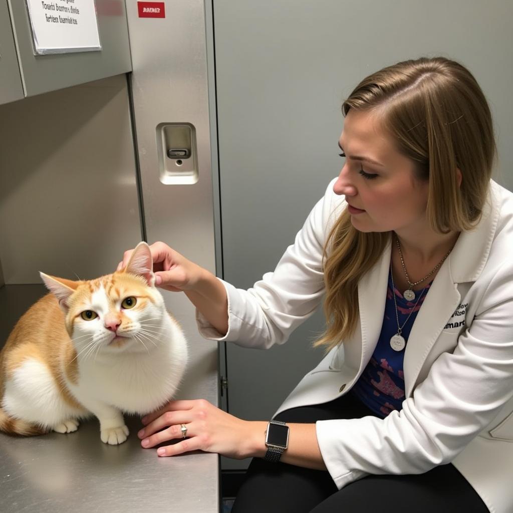 Volunteer comforting a cat at Chattahoochee Humane Society