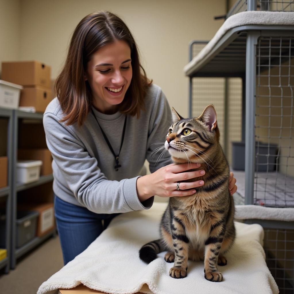  A volunteer interacts with a cat at the Chautauqua County Humane Society