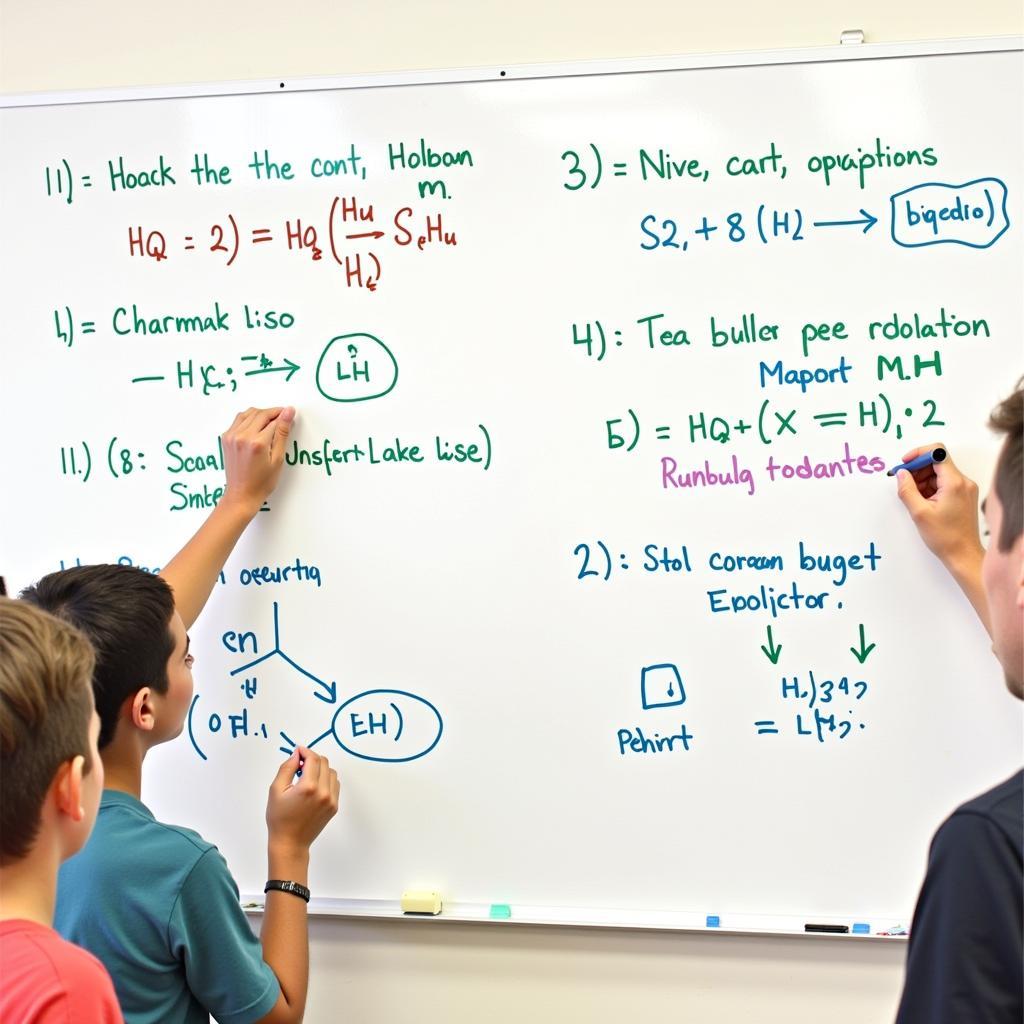 Working through chemistry practice problems on a whiteboard.