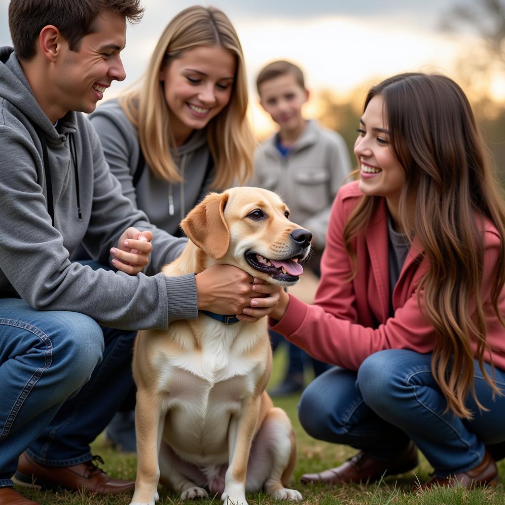 A happy family meeting a playful dog at a Chemung Humane Society adoption event