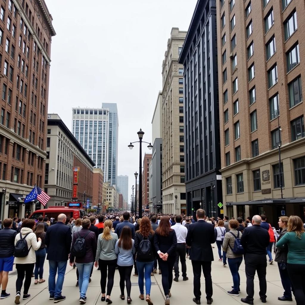 Participants on a Chicago Art Deco Society walking tour