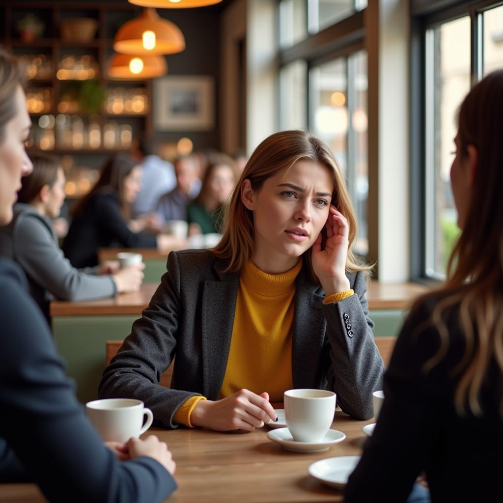 A woman experiencing difficulty understanding a conversation in a bustling Chicago cafe, indicative of potential hearing loss.