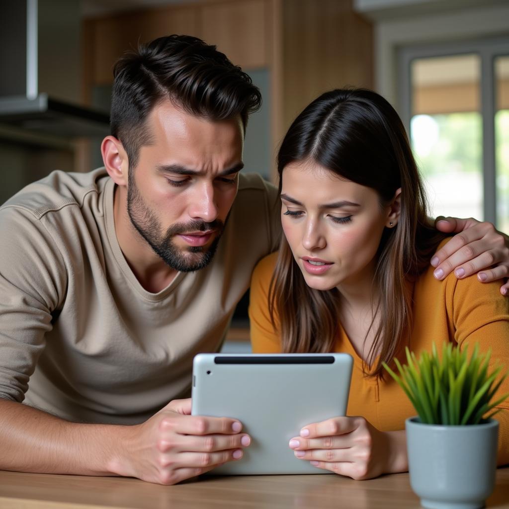 Parents using a tablet to research Chicago child care options