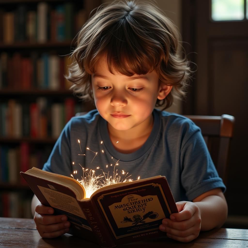 A child engrossed in reading The Mysterious Benedict Society