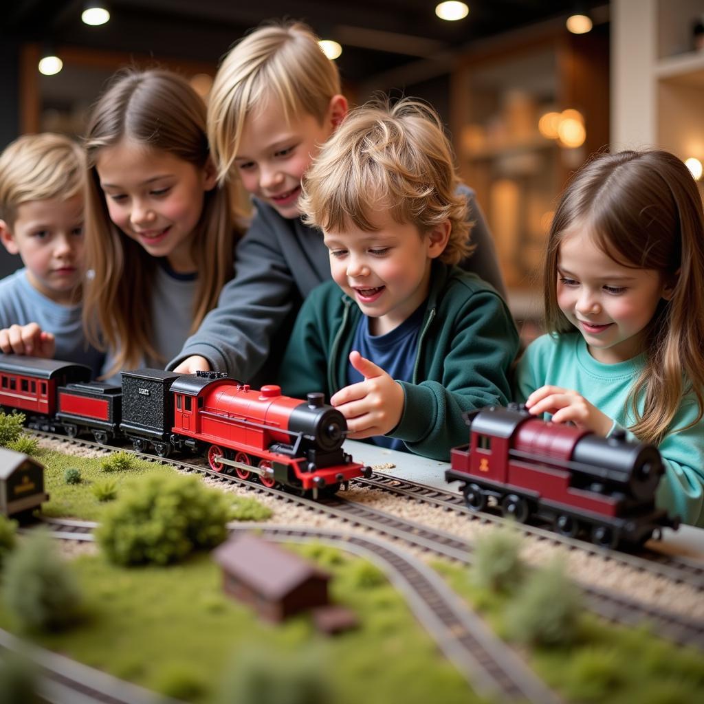 Children interacting with a model train exhibit