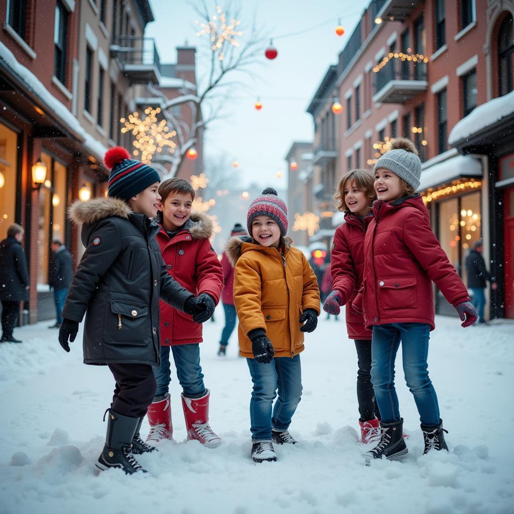 Joyful Snowball Fight in a Bustling City