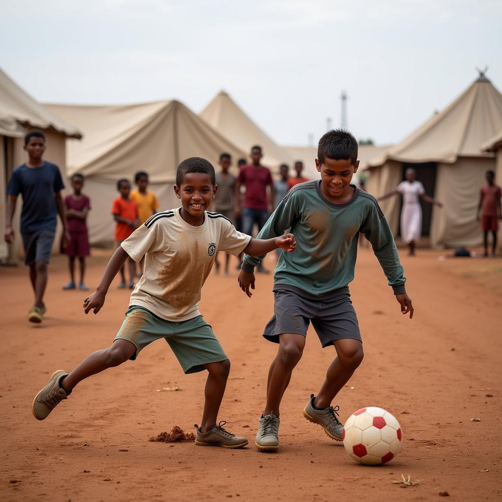 Children playing soccer in a refugee camp