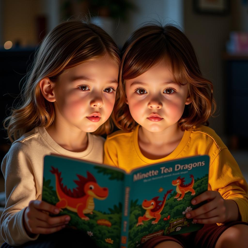 Two children engrossed in a book about Minette tea dragons