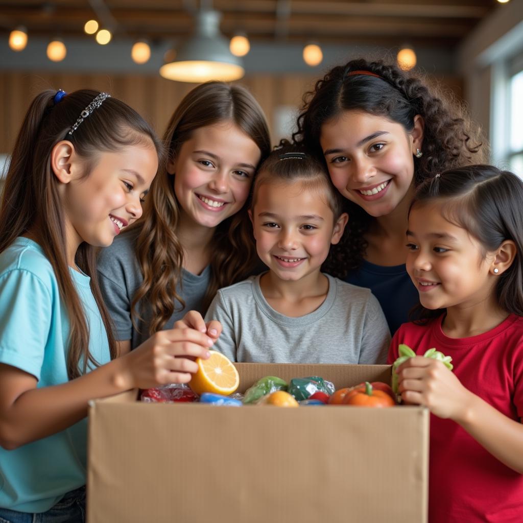 Children volunteering at a food bank, sorting donations.