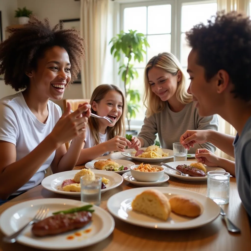 A foster family sharing a meal together