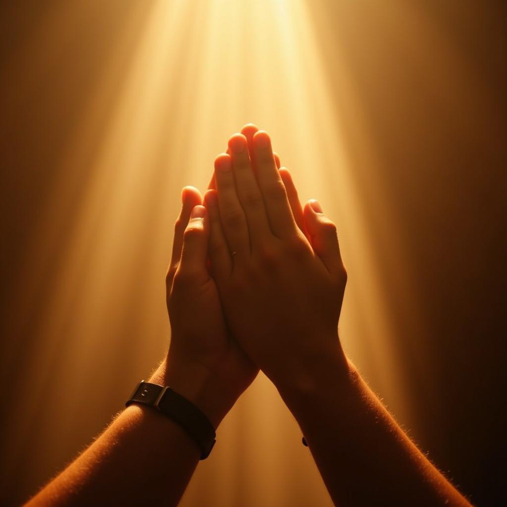 Hands clasped in prayer with a soft light illuminating the background