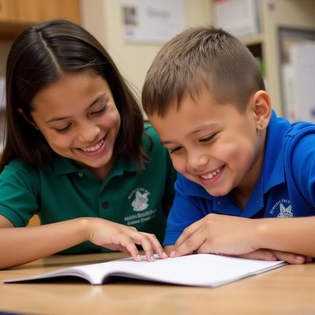 A volunteer tutor from the Christ Child Society helps a young student with their reading