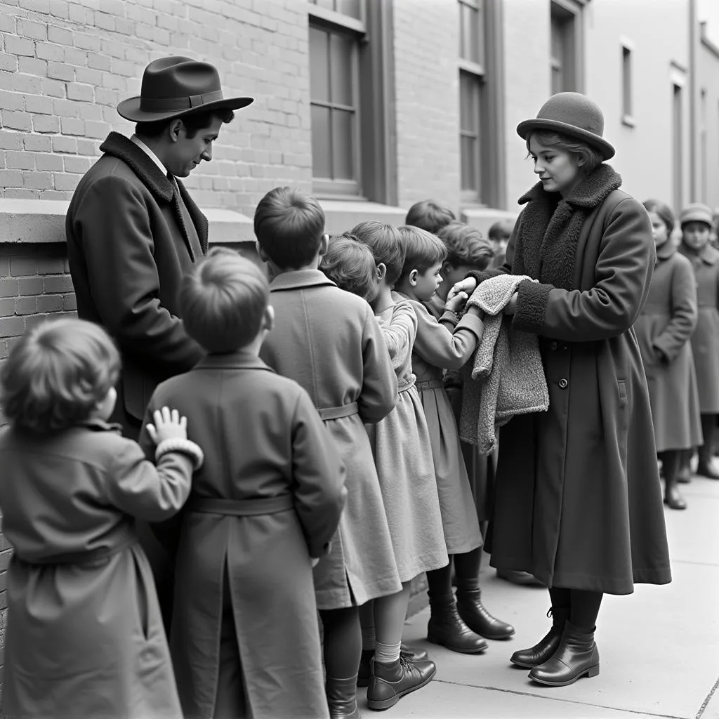 Volunteers from the Christ Child Society distribute clothing to children in need