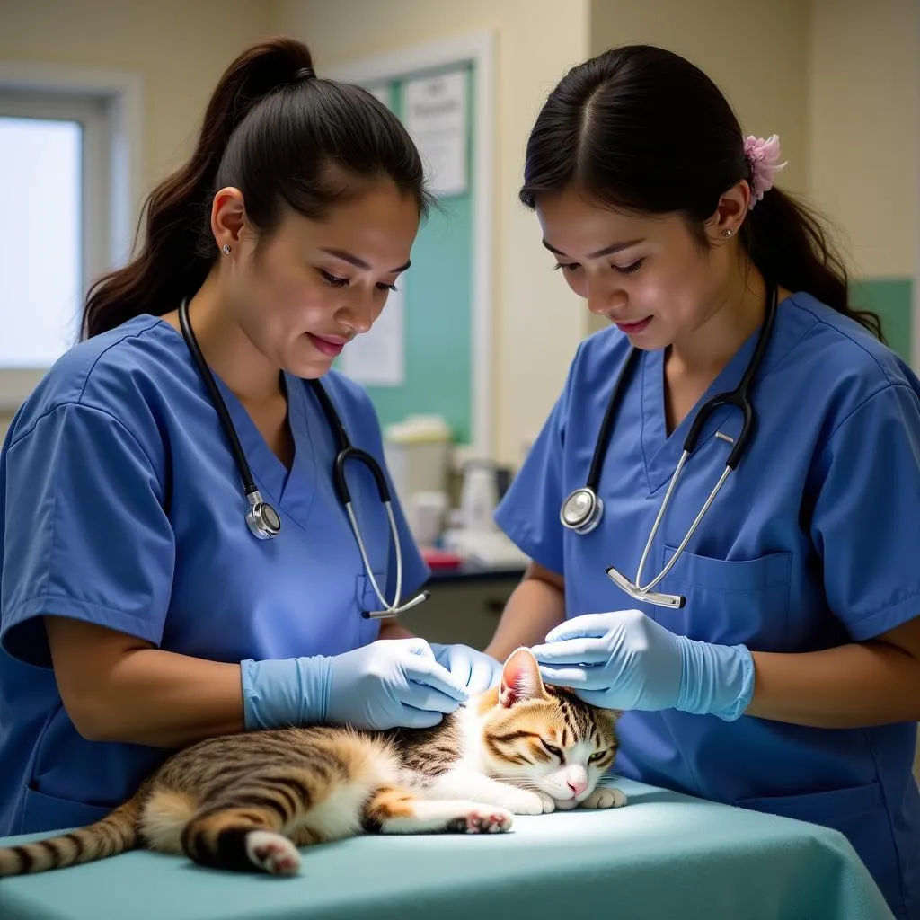 A veterinarian at the Christian Gonzalez Humane Society examines a rescued cat.