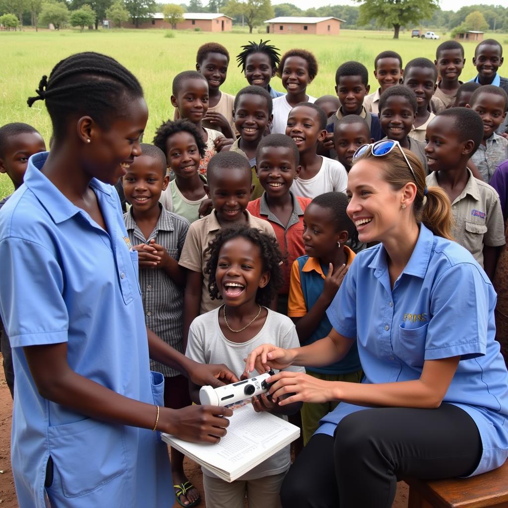 Christian ophthalmologists providing eye exams to children in a rural community