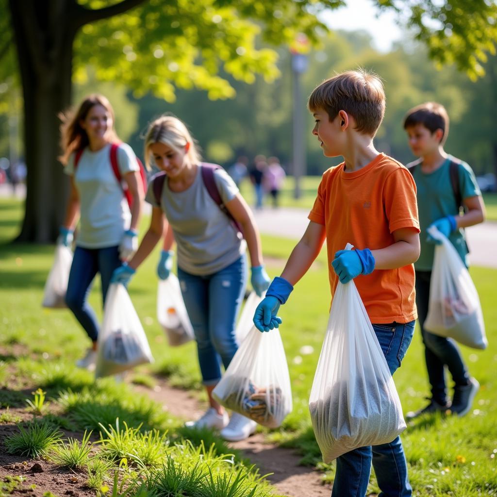 Volunteer group cleaning up a local park