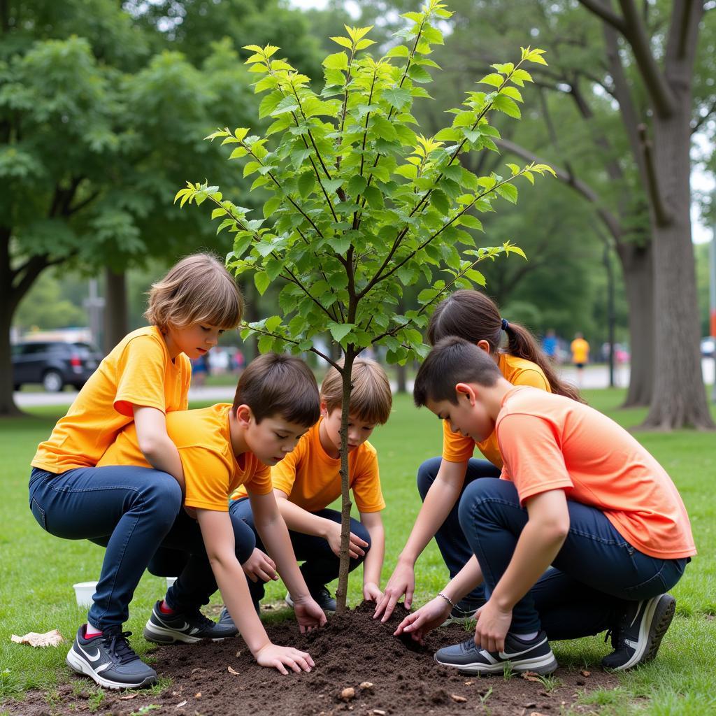 Teenagers engaged in community service project