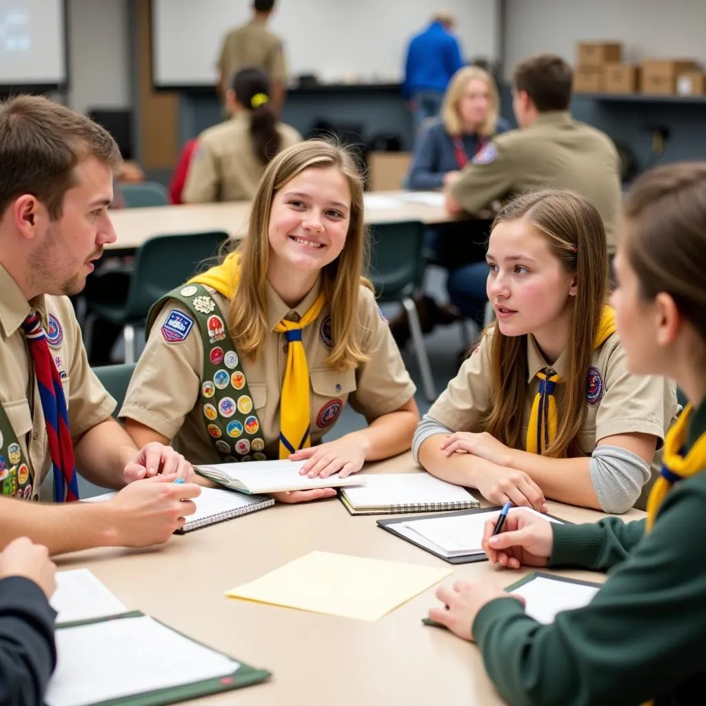 A group of scouts gathered around a table discussing the Citizenship in Society merit badge.