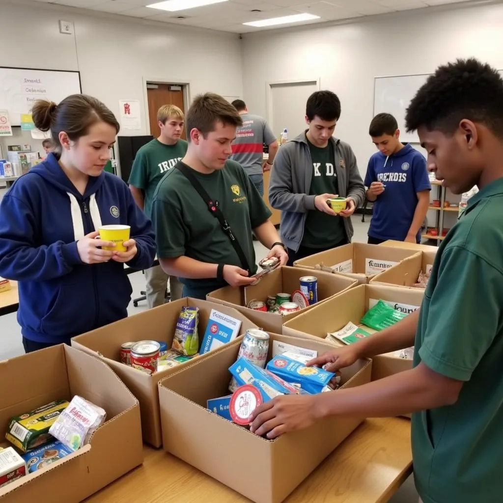 A group of scouts volunteering at a local food bank, sorting and packing food donations.