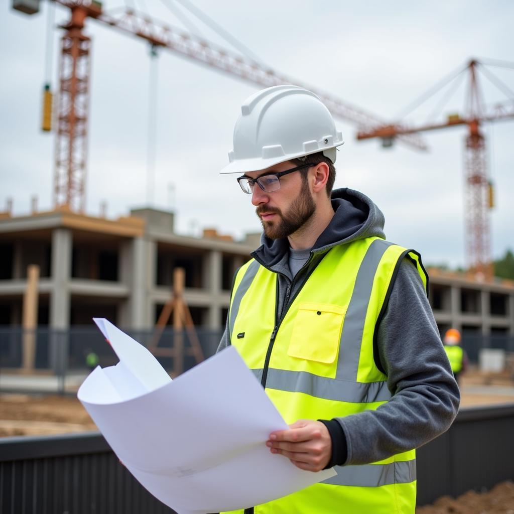 Civil Engineer Reviewing Blueprints at Construction Site