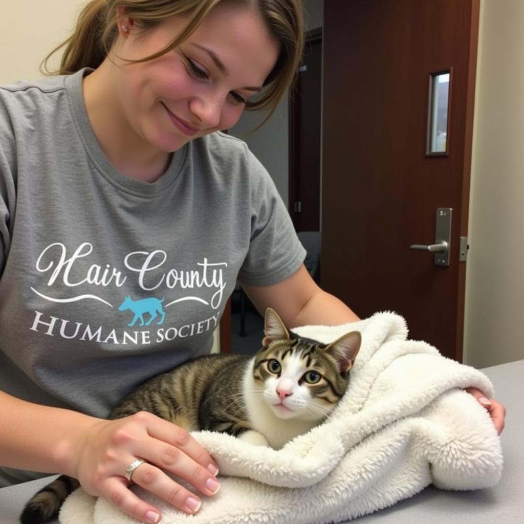 Volunteer comforting a cat at the Clark County Humane Society