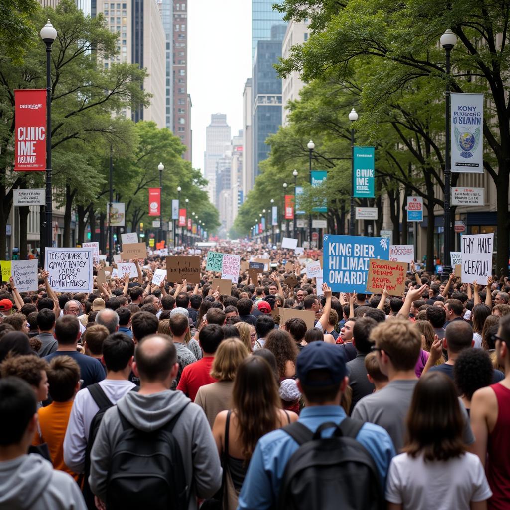 A massive crowd participating in a climate march, advocating for environmental justice and policy change