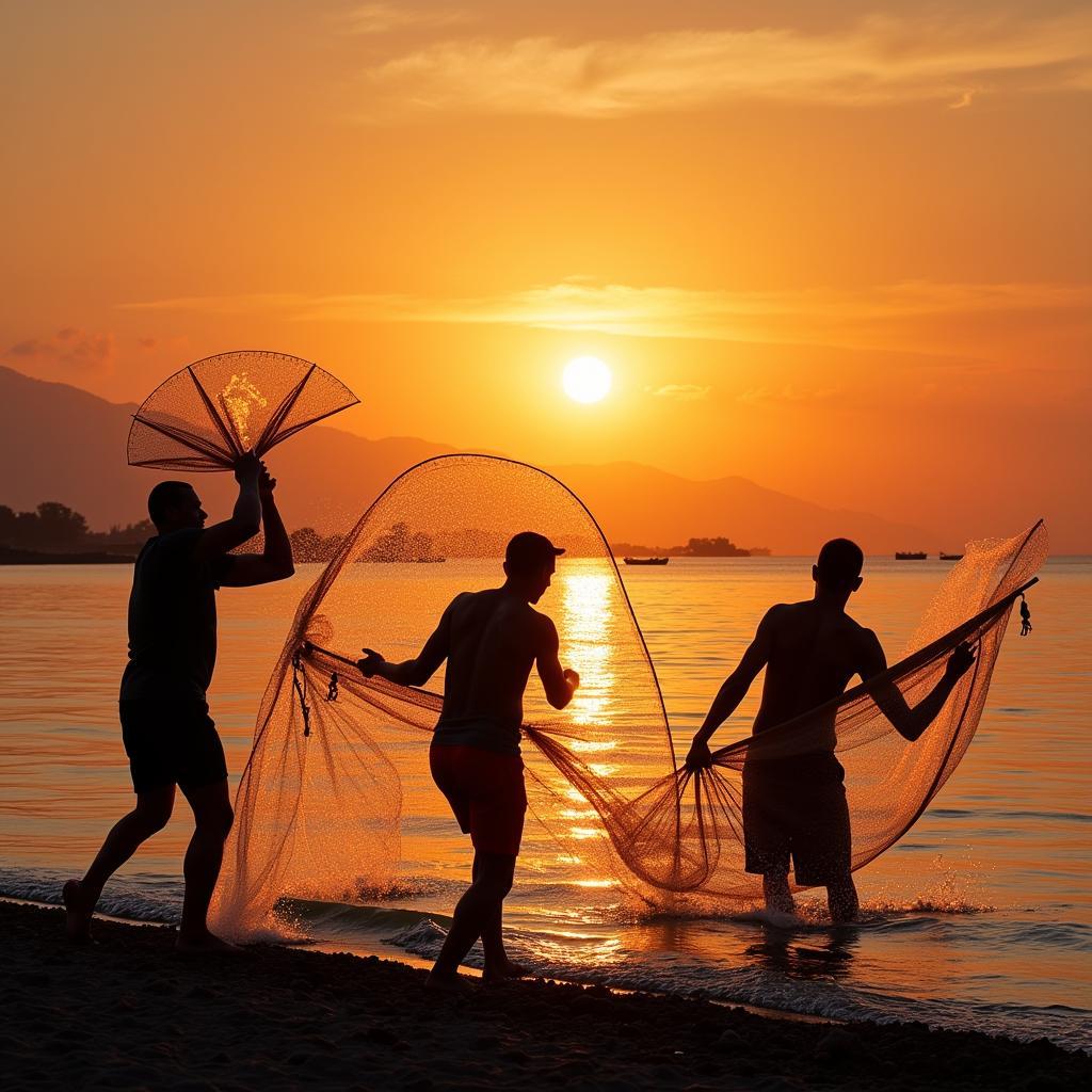 Fishermen casting nets at sunrise