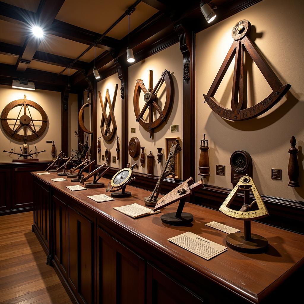 A display of antique navigational tools in a museum