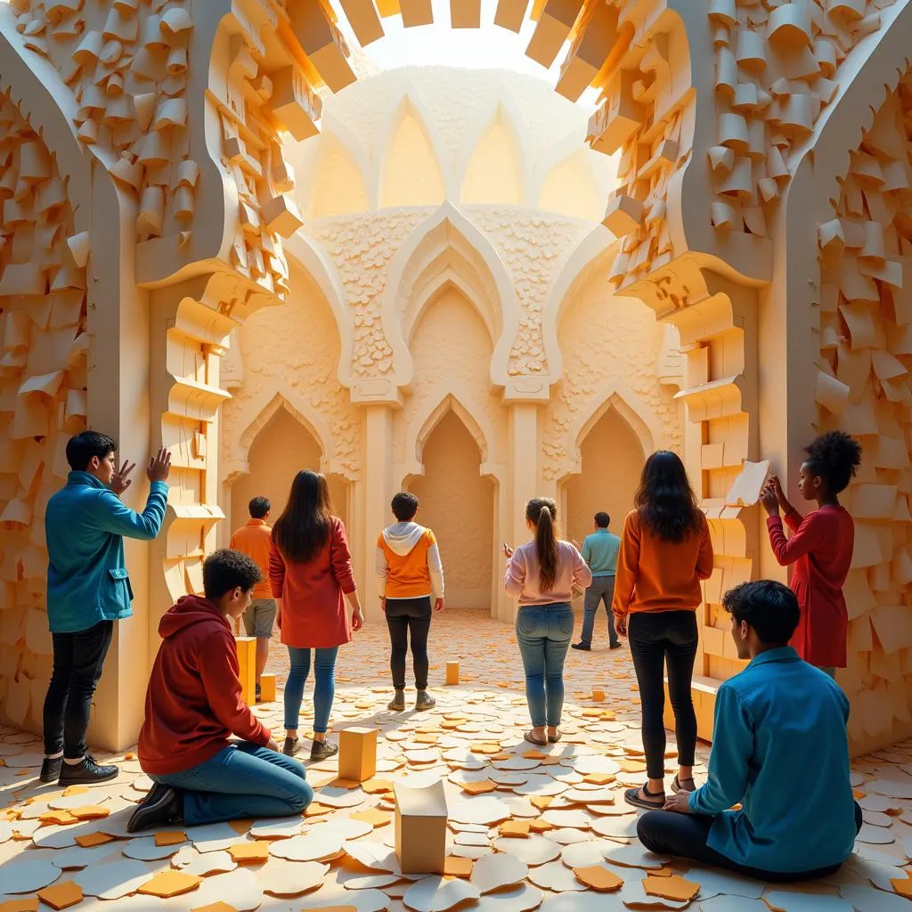 Group working together to build a large papercraft installation