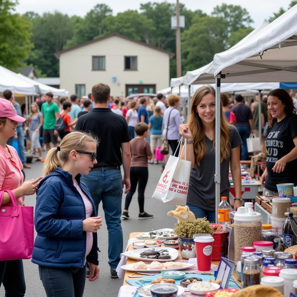 A bustling flea market crowd with shoppers browsing through tables filled with diverse items, showcasing the vibrant atmosphere and wide selection available.